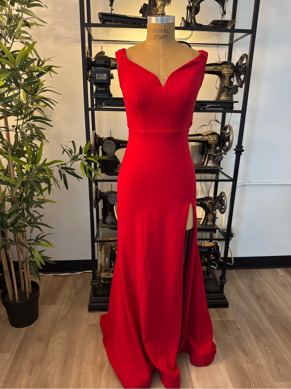 B Darlin Red Off-Shoulder Prom Gown with Side Slit